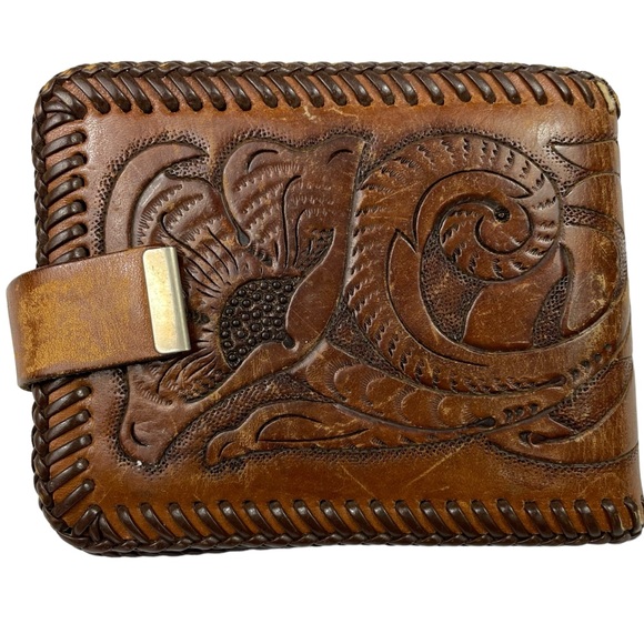 Vintage Tooled Leather Folding Wallet Handmade Western Southwest Filagree Detail - Picture 2 of 15
